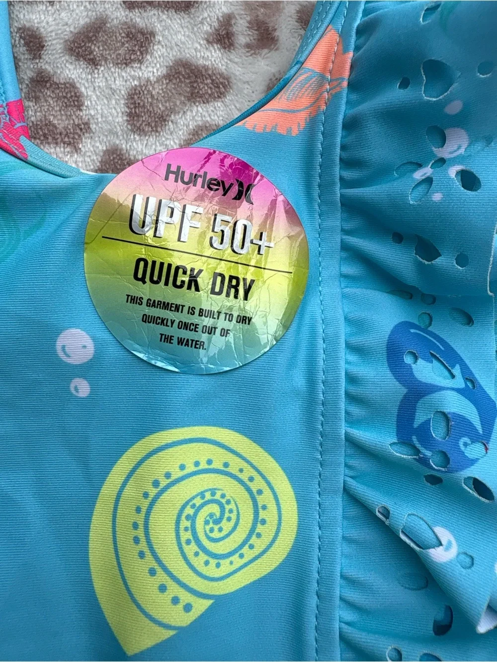 NWOT Hurley Size 12 Months Girls Blue Seashell Ruffle One Piece Swimsuit UPF 50+